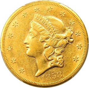 image for: 1858-S $20 PCGS AU53 - Scarce Early Double Eagle