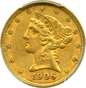 image for: 1906 $5 PCGS AU55 - No Reserve!