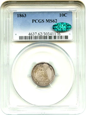 image for: 1863 10c PCGS/CAC MS62 - Very Scarce Civil War Era Issue