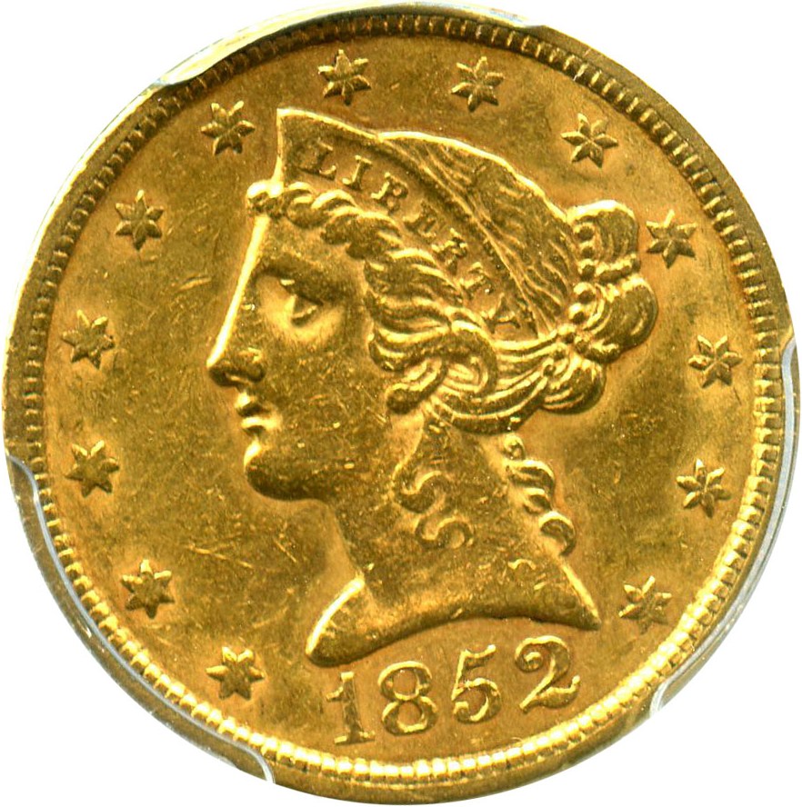 image for: 1852 $5 PCGS AU55 - No Reserve!