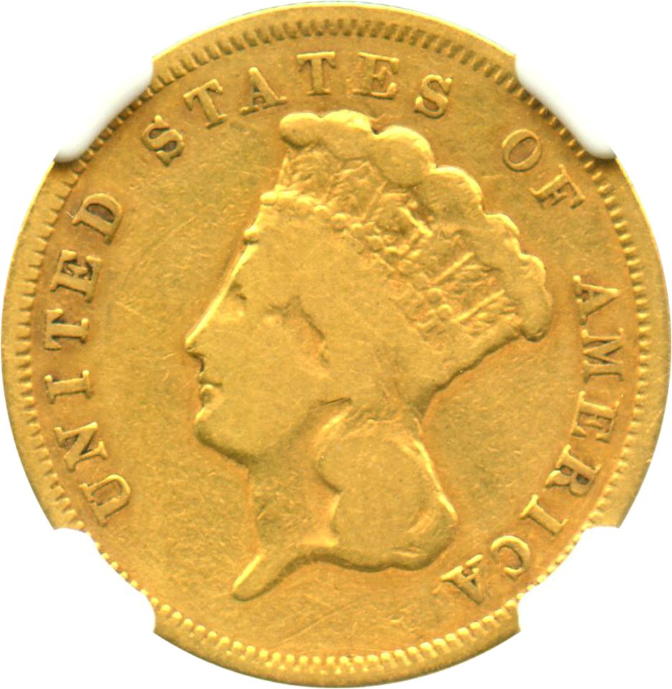 image for: 1857-S $3 NGC/CAC VG-10 - Scarce, Low Mintage S-Mint Princess Gold