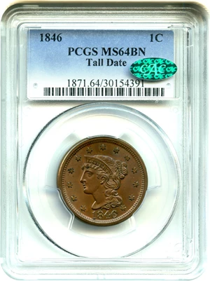 image for: 1846 1c PCGS/CAC MS64 BN (Tall Date)