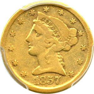 image for: 1857-D $5 PCGS VF25