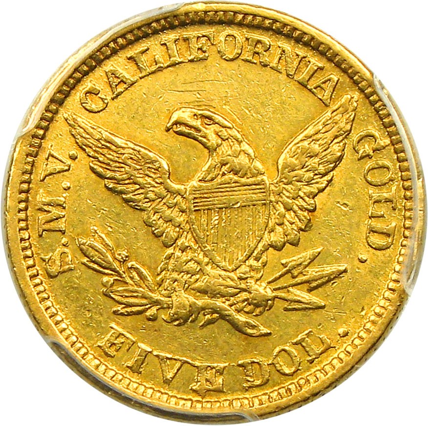 image for: 1849 Moffat $5 PCGS AU58 - Rare Territorial Gold from the Gold Rush