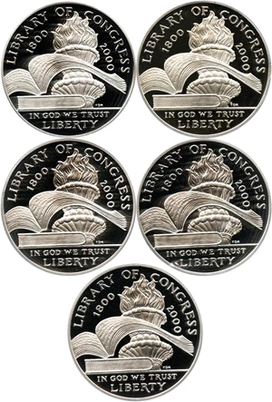 image for: Investor Lot of 2000-P Library of Congress $1: All PCGS Proof 69 DCAM (5 Coins) - No Reserve!