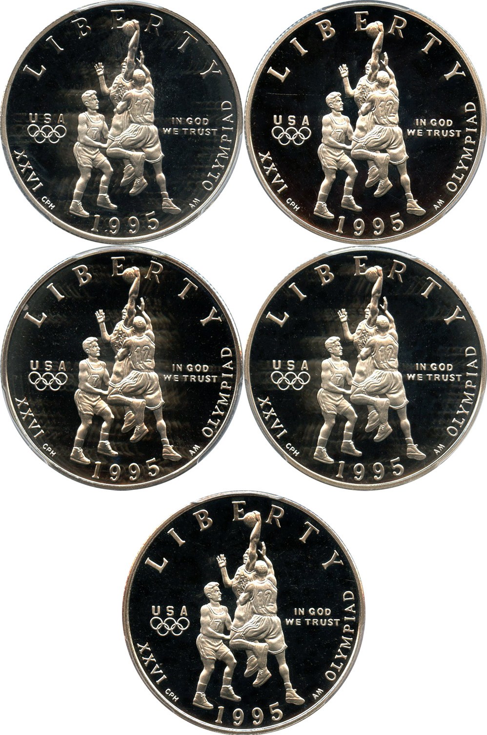 image for: Investor Lot of 1995-S Basketball 50c: All PCGS Proof 69 DCAM (5 Coins) - No Reserve!