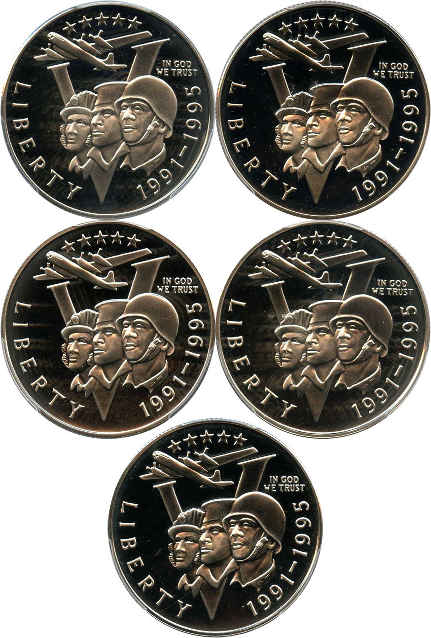 image for: Investor Lot of 1991-95-P World War II 50c: All PCGS Proof 69 DCAM (5 Coins) - No Reserve!