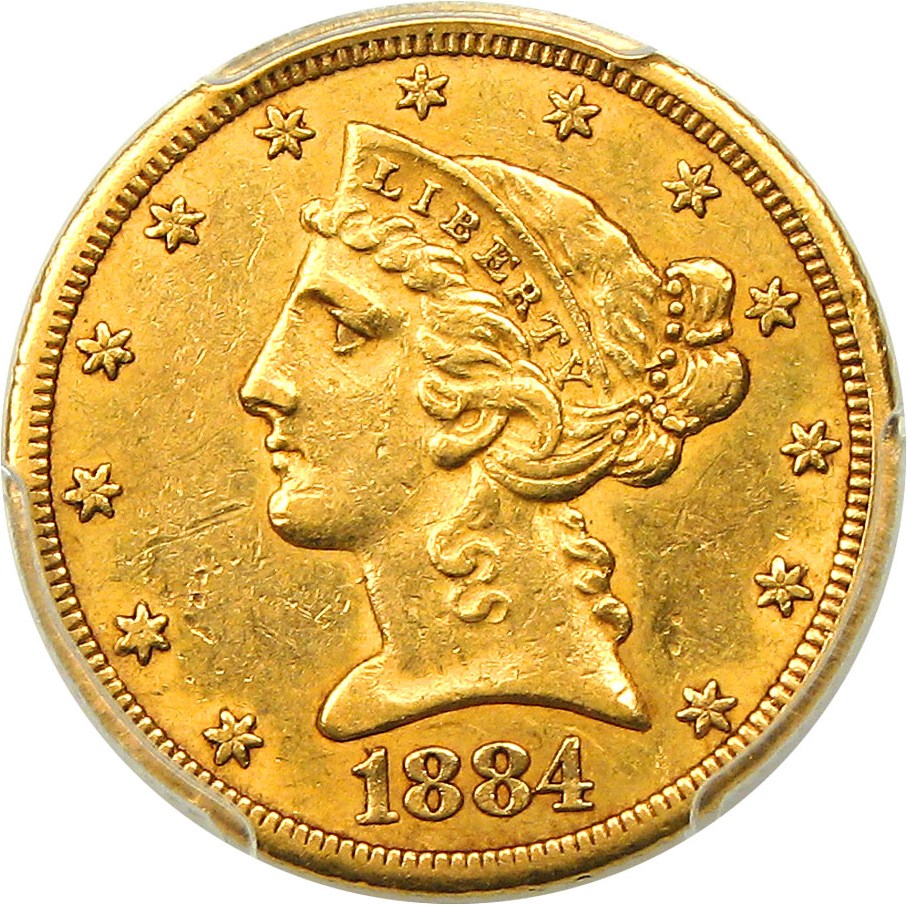 image for: 1884-CC $5 PCGS AU55 - Low Mintage Carson City Gold Coin