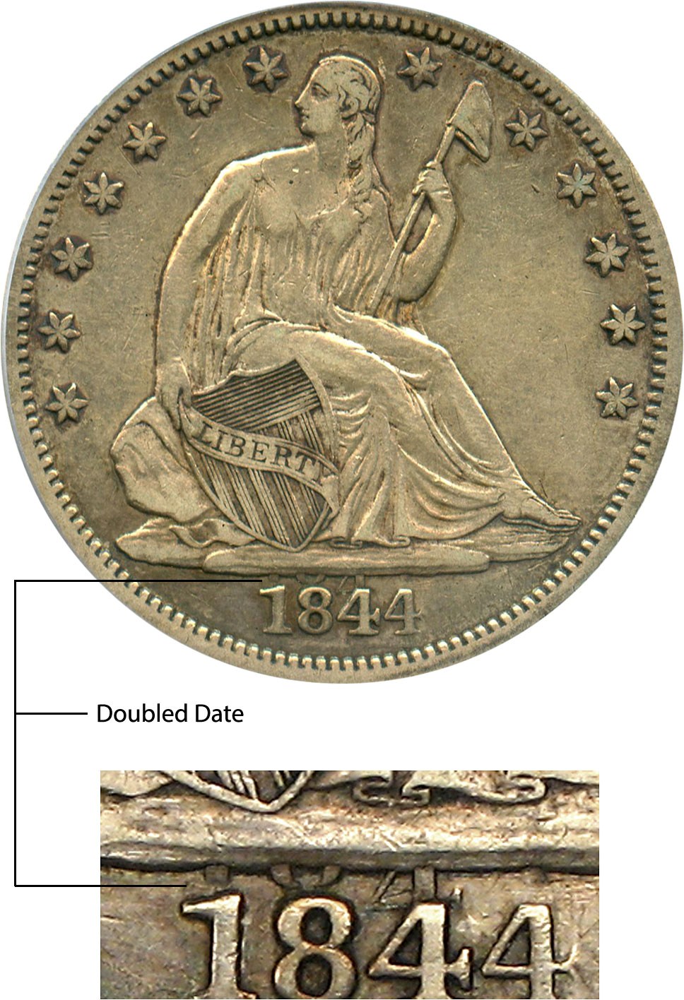 image for: 1844-O 50c PCGS/CAC XF40 (Double Date, WB-103) Rare Variety