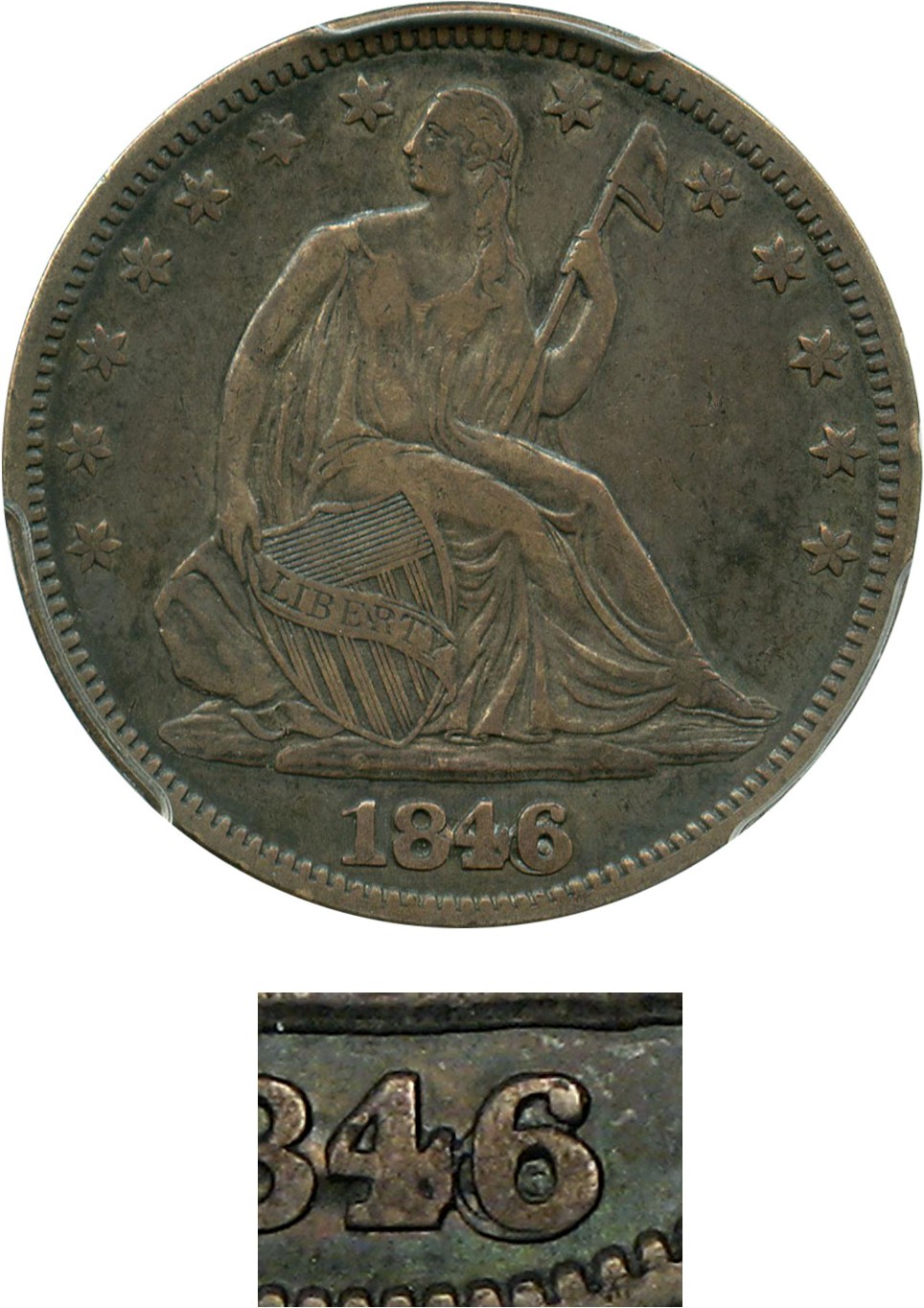 image for: 1846 50c PCGS/CAC VF30 (6/Horizontal 6) Rare Overdate Variety