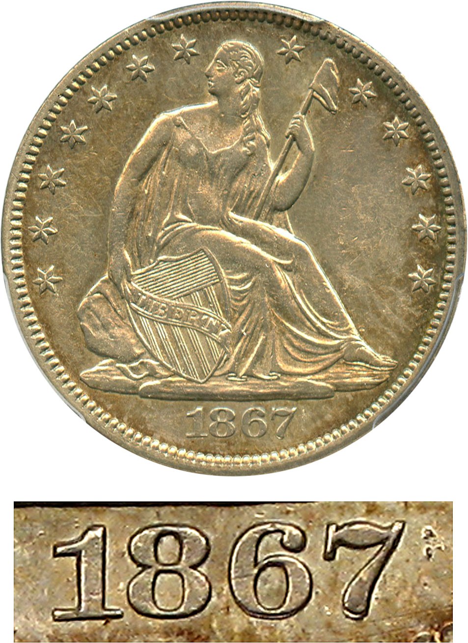 image for: 1867 50c PCGS XF45 (Repunched Date, WB-102)