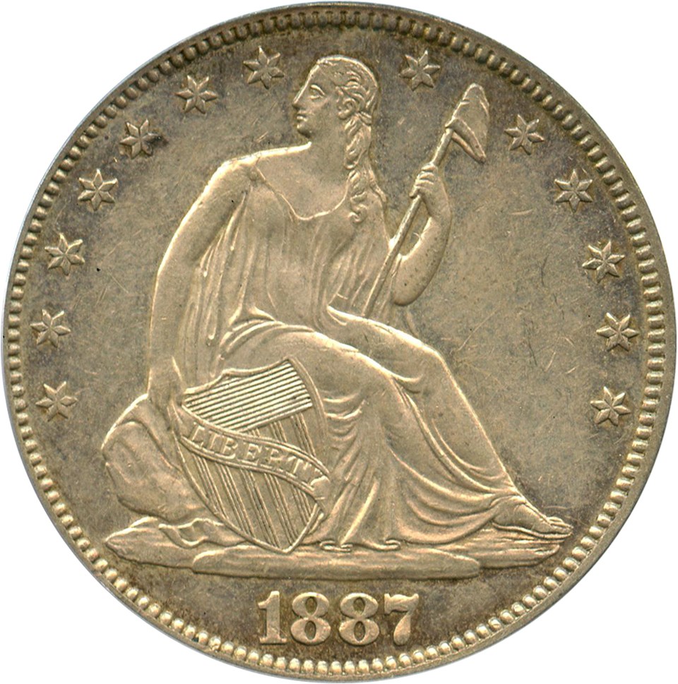 image for: 1887 50c PCGS AU58 - Scarce Low Mintage Date - Lightly Prooflike Surfaces