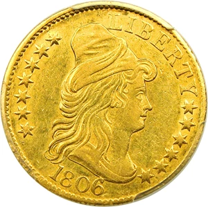 image for: 1806 $5 PCGS AU50 (Rounded 6, 7X6 Stars) Desirable Early Half Eagle Type Coin