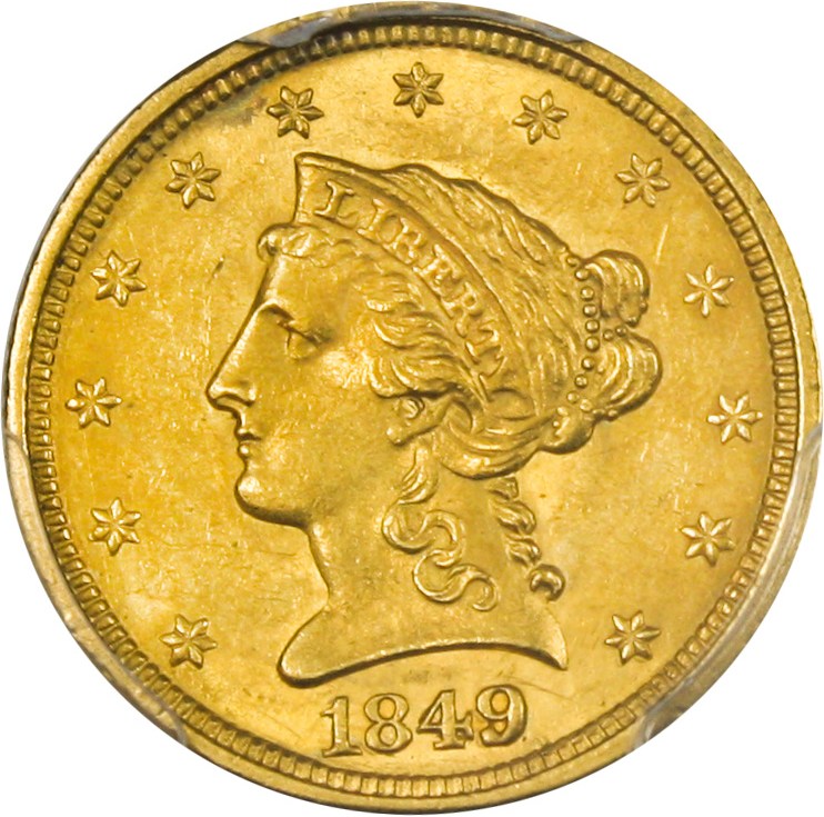 image for: 1849 $2 1/2 PCGS MS61 - Scarce Gold-Rush Year in Mint State