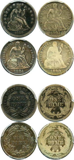image for: Collector Lot of Assorted Liberty Seated 10c from 1859-1890: All PCGS Graded (4 Coins) - No Reserve!