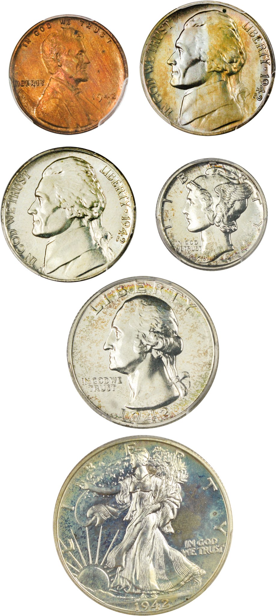 image for: 1942 Proof Set 1c-50c PCGS Proof 64RB/66/66/67/65/66 (6 Coins with Silver War Nickel)