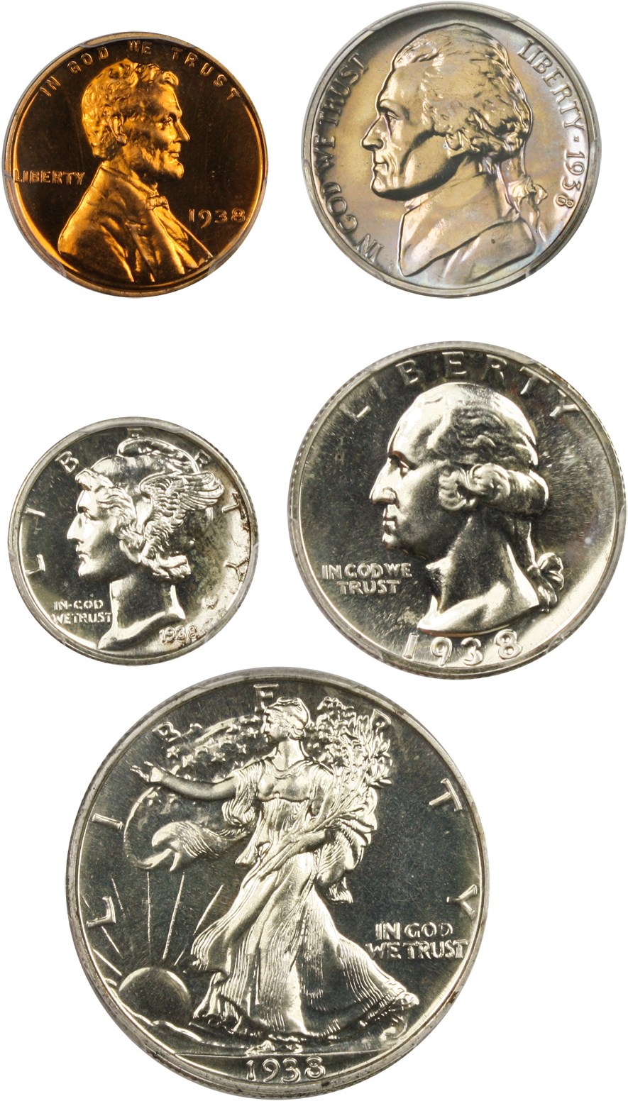 image for: 1938 Proof Set 1c-50c PCGS Proof 65RD,66,65,66,66 (5 Coins)