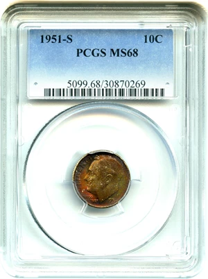 image for: 1951-S 10c PCGS MS68 - Awesome Gem with Colorful Toning