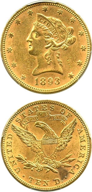 image for: 1893 $10 PCGS Genuine UNC Details (Env. Damage) - No Reserve!