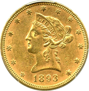 image for: 1893 $10 PCGS Genuine UNC Details (Env. Damage) - No Reserve!