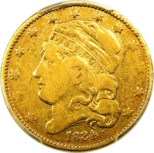 image for: 1834 Capped Head $5 PCGS VG-10 (Capped Bust, Crosslet 4)