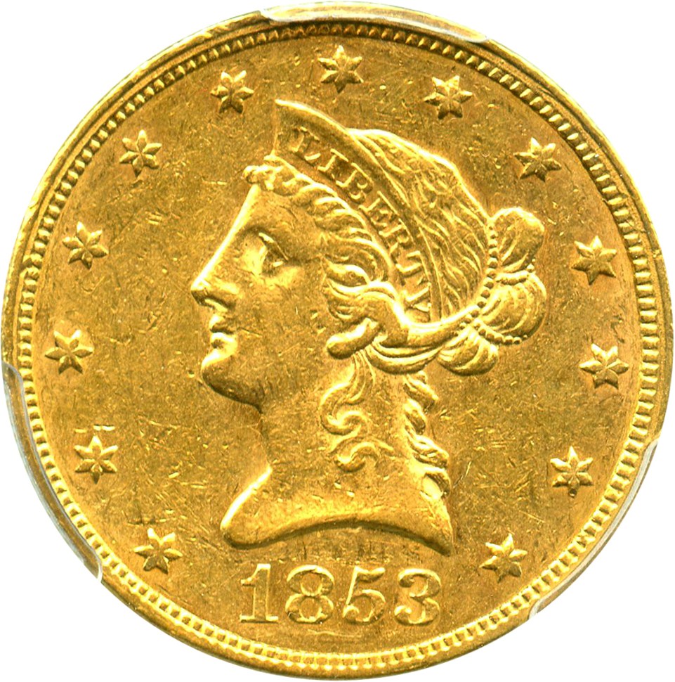 image for: 1853 $10 PCGS AU55 - No Motto Eagle Type Coin