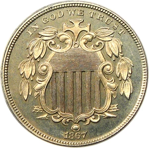 image for: 1867 5c PCGS/CAC Proof 64 (With Rays)
