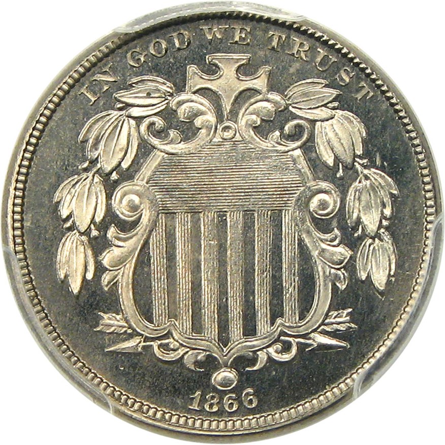 image for: 1866 5c PCGS/CAC Proof 65 CAM (With Rays) Scarce Type Coin