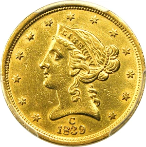 image for: 1839-C $5 PCGS AU53 - Very Scarce Early Charlotte Gold Coin
