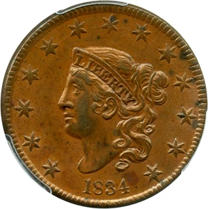 image for: 1834 1c PCGS MS63 BN (Small 8, Large Stars, Medium Letters)