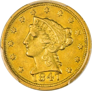 image for: 1847-C $2 1/2 PCGS AU50 - Popular Charlotte Gold Quarter Eagle