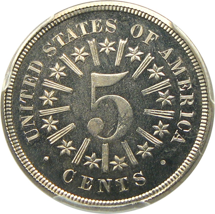 image for: 1866 5c PCGS/CAC Proof 65 CAM (With Rays) Scarce Type Coin