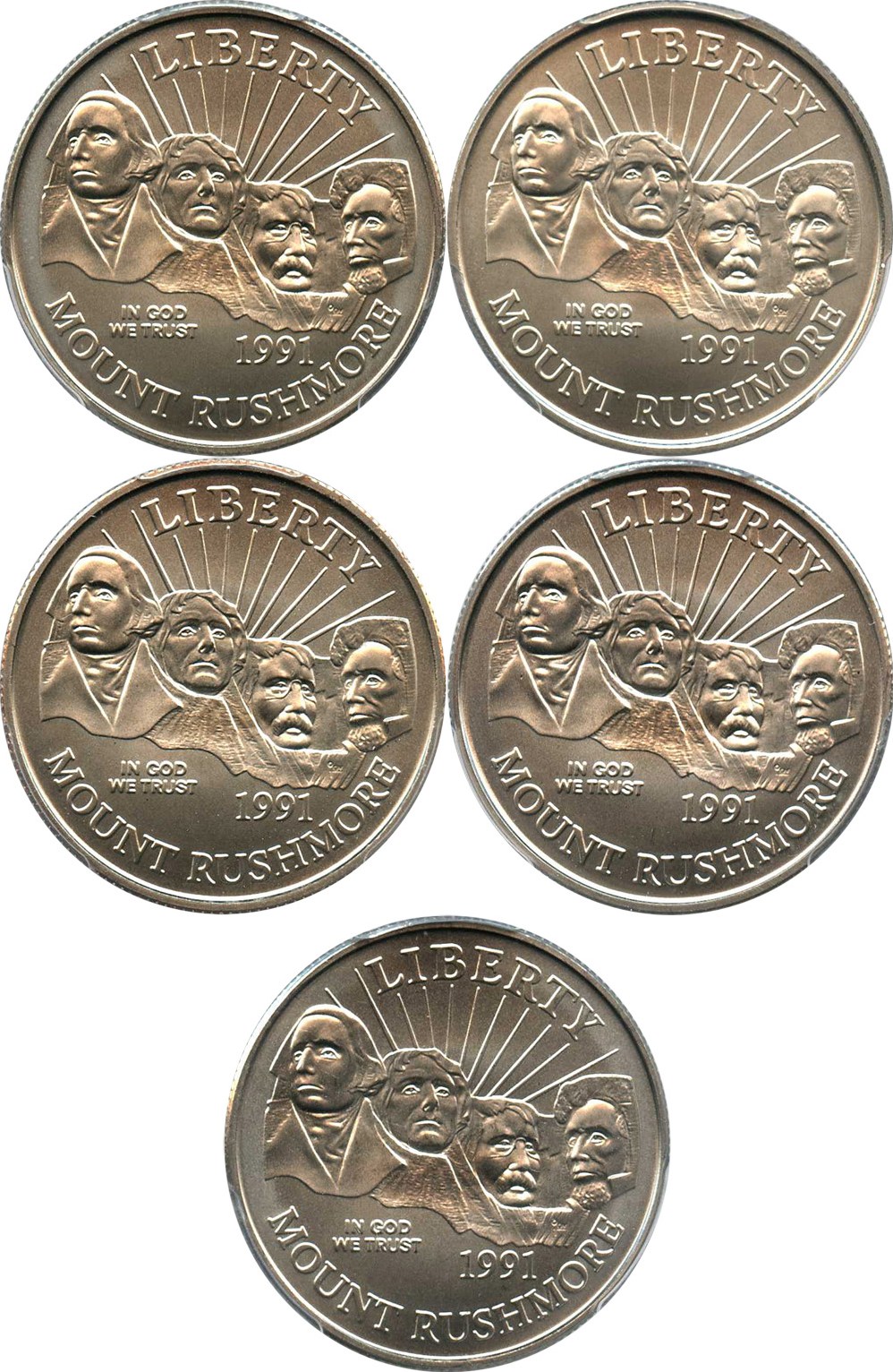 image for: Investor Lot of 1991-D Mt. Rushmore 50c: All PCGS MS69 (5 Coins) - No Reserve!