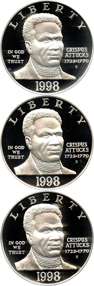 image for: Investor Lot of 1998-S Crispus Attucks $1: All PCGS Proof 69 DCAM (3 Coins) - No Reserve!