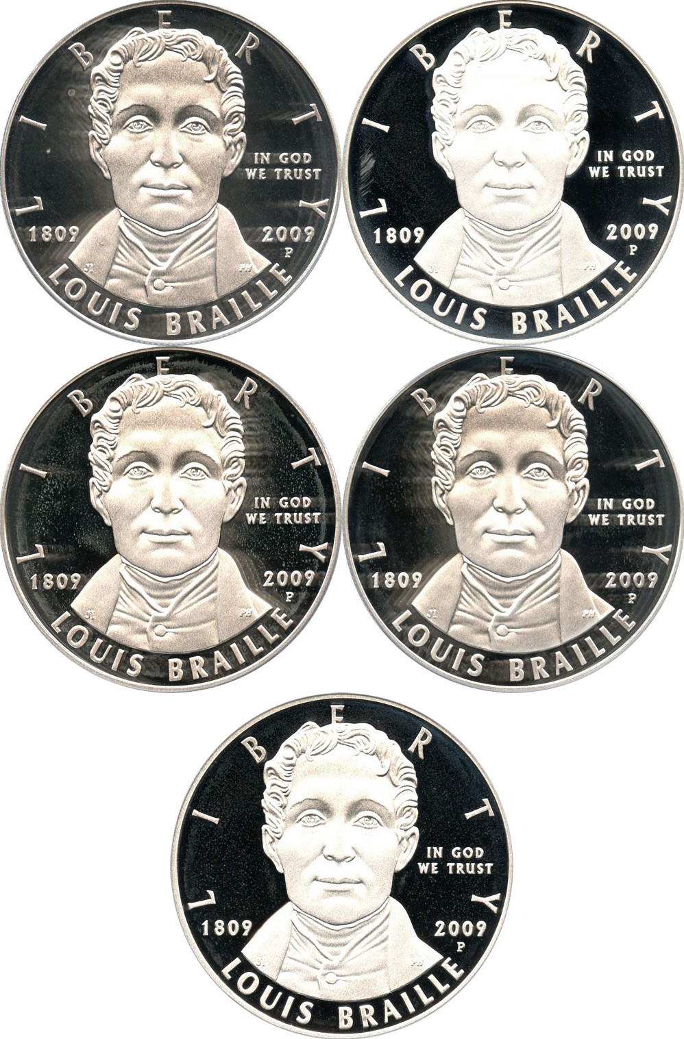 image for: Investor Lot of 2009-P Louis Braille $1: All PCGS Proof 69 DCAM (5 Coins) - No Reserve!