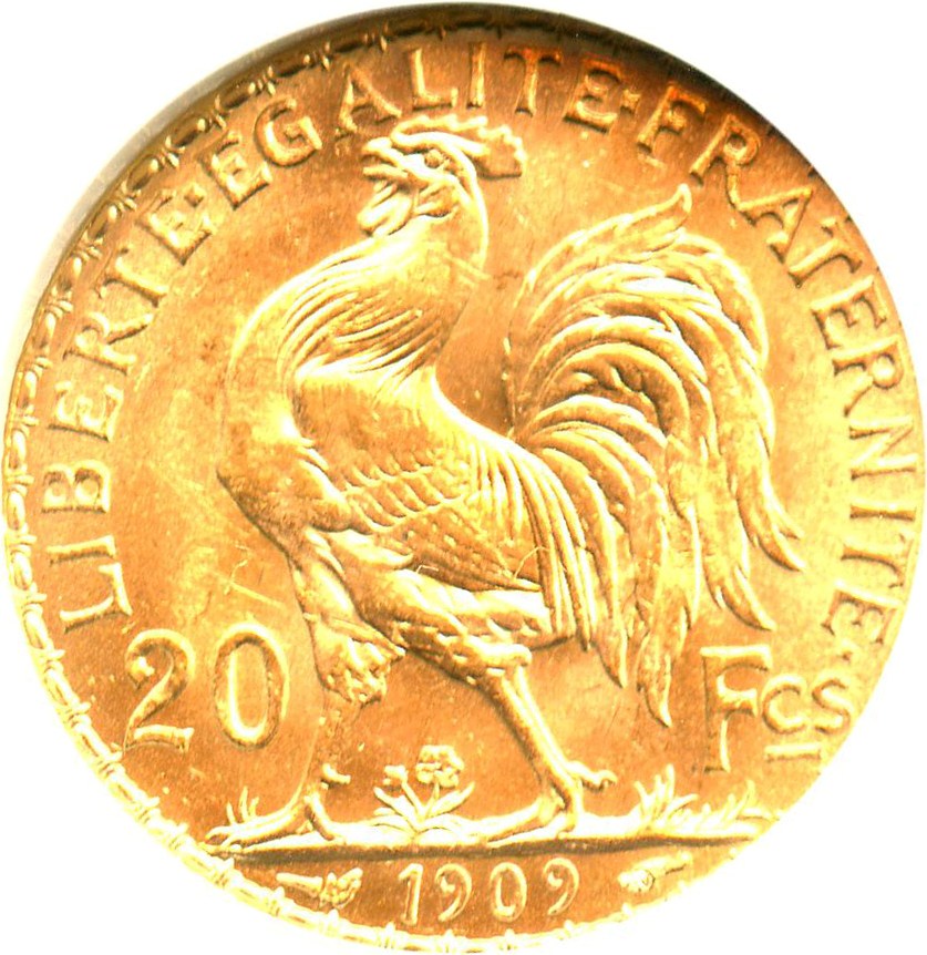 image for: France: 1909 Gold 20 Francs NGC MS64 (KM-857) 0.1867oz Gold - No Reserve!