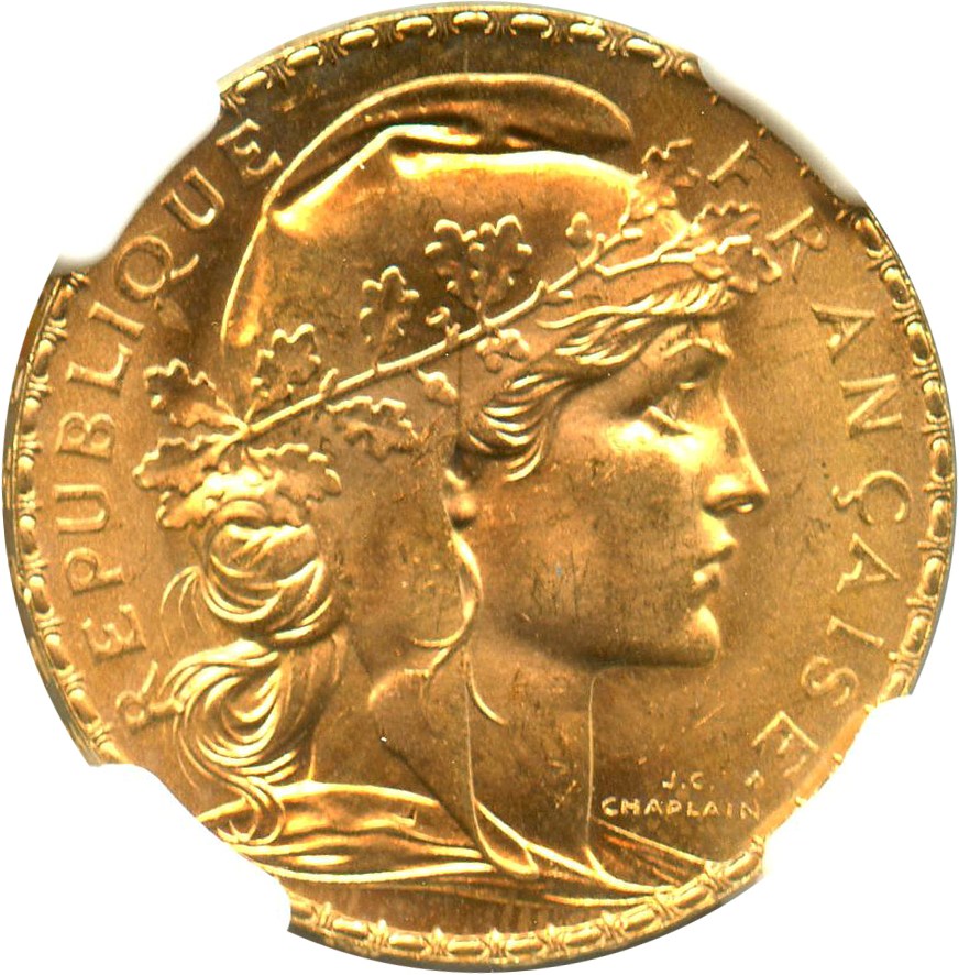 image for: France: 1909 Gold 20 Francs NGC MS66 (KM-857) 0.1867oz Gold