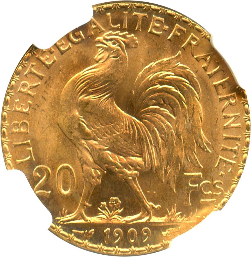 image for: France: 1909 Gold 20 Francs NGC MS66 (KM-857) 0.1867oz Gold