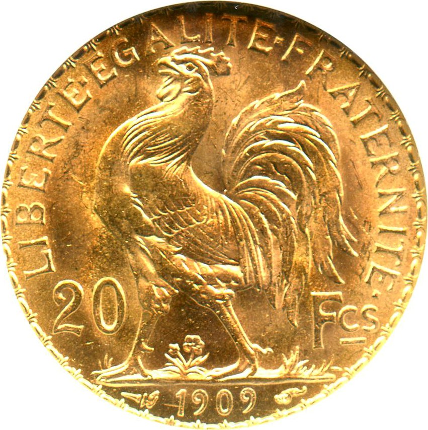 image for: France: 1909 Gold 20 Francs NGC MS64 (KM-857) 0.1867oz Gold - No Reserve!