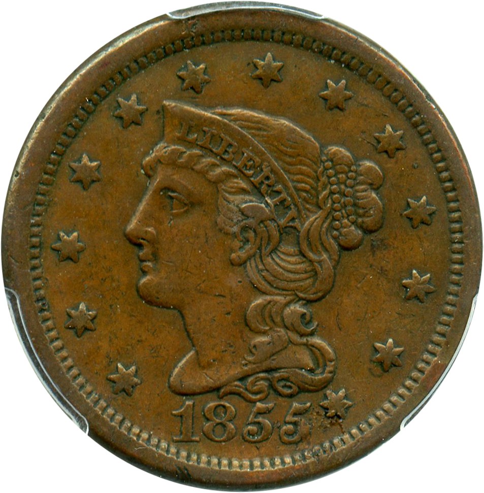 image for: 1855 1c PCGS XF45 (Knob Ear) - No Reserve!