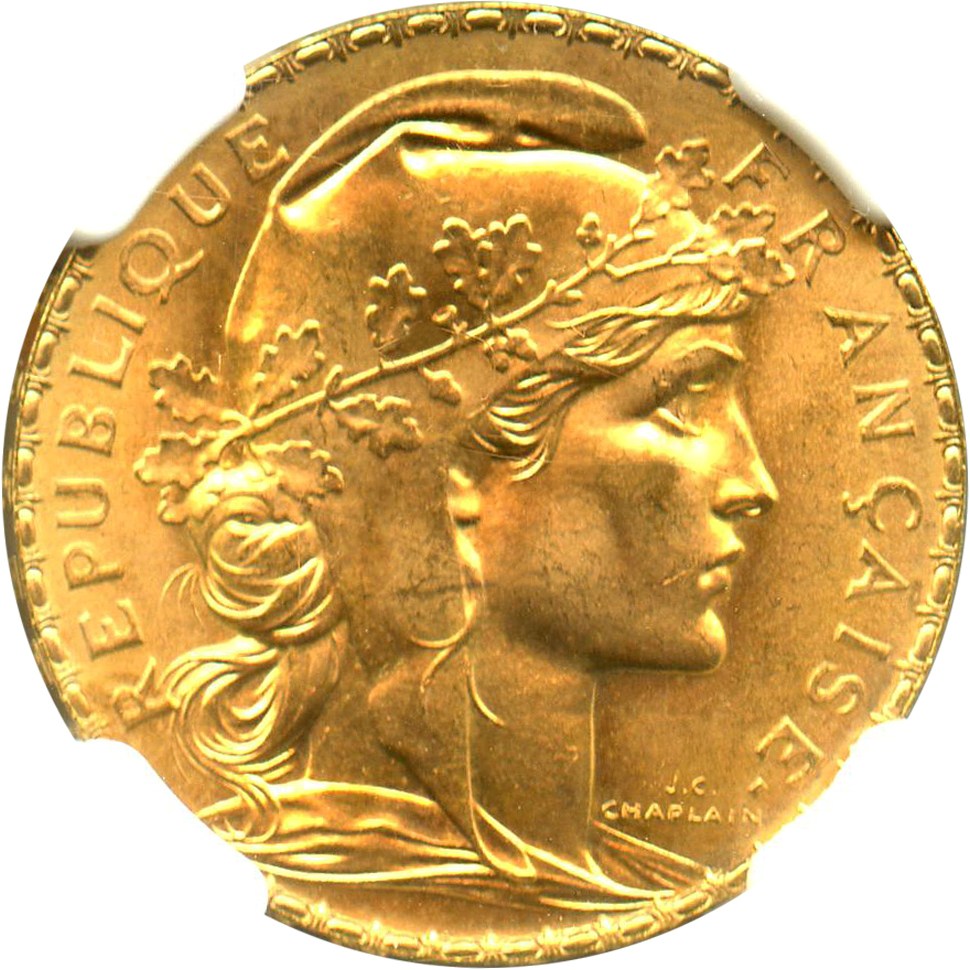 image for: France: 1909 Gold 20 Franc NGC MS66 (Angel, KM-857) 0.1867oz Gold