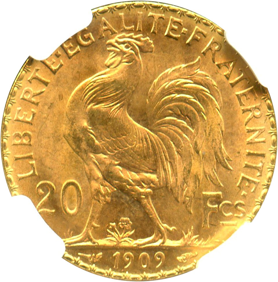 image for: France: 1909 Gold 20 Franc NGC MS66 (Angel, KM-857) 0.1867oz Gold