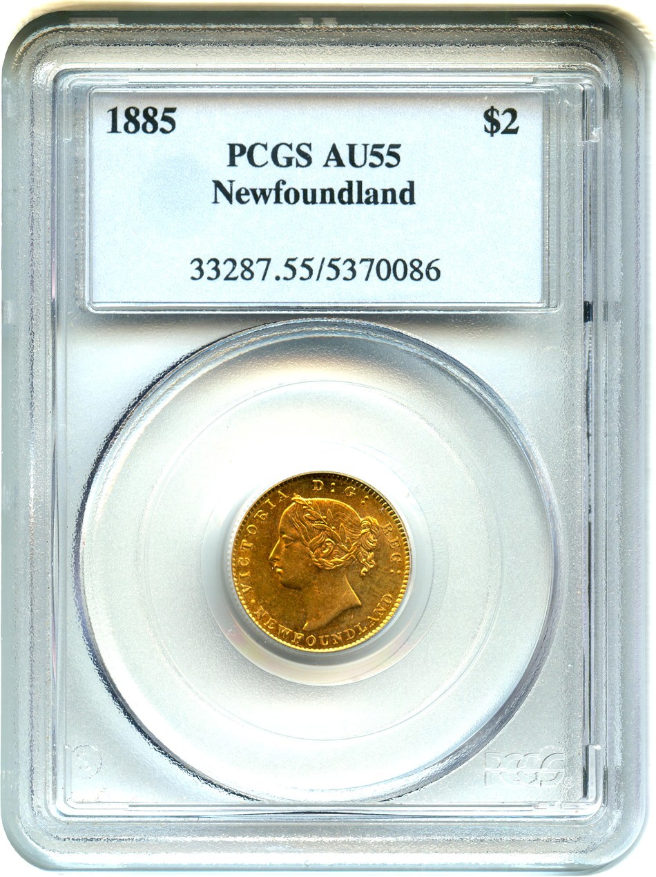 image for: Newfoundland: 1885 Gold $2 PCGS AU55 (KM-5) 0.0981 oz gold