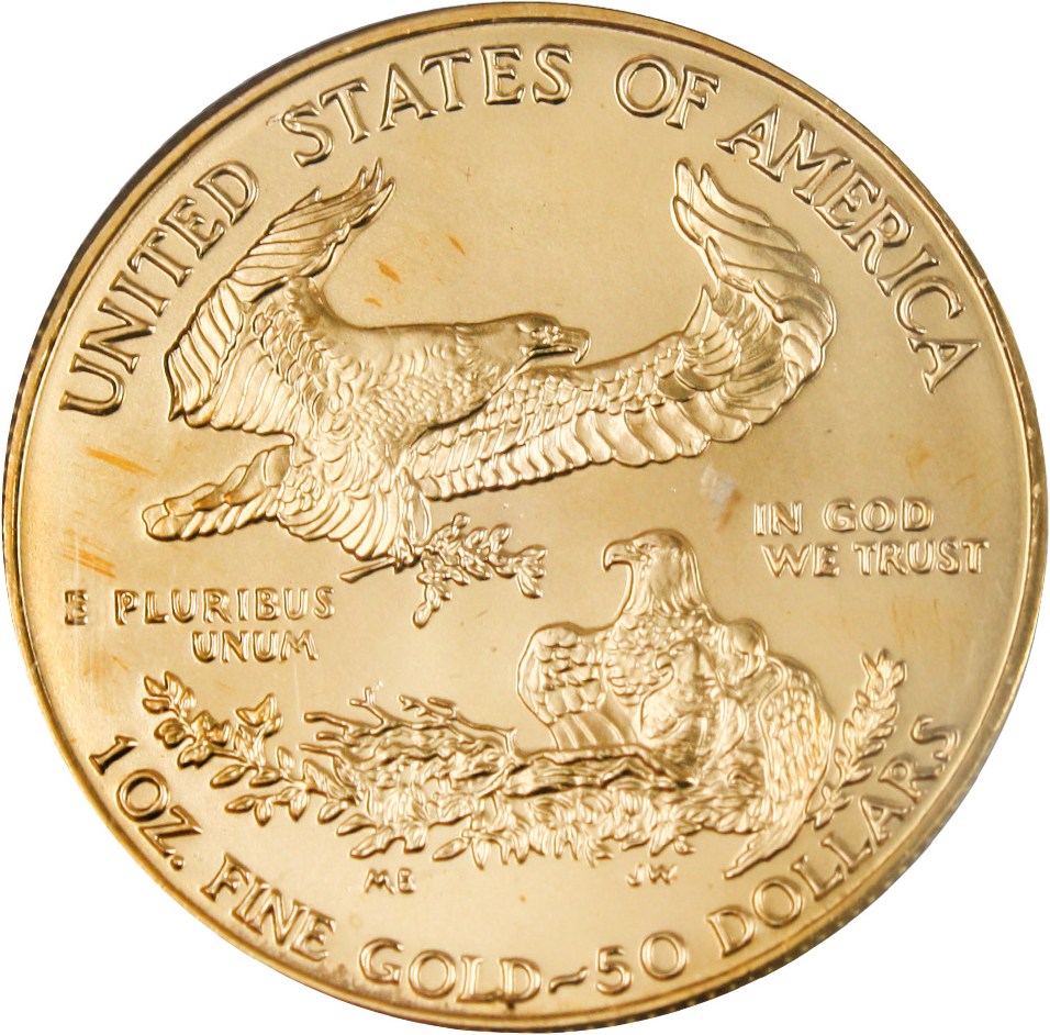 image for: 1998 Gold Eagle $50 PCGS Gem UNC. (WTC Recovery, Flag Label) 1 ounce gold