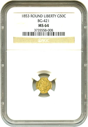 image for: California Fractional Gold: 1853 50c NGC MS64 (Round Liberty, BG-421)