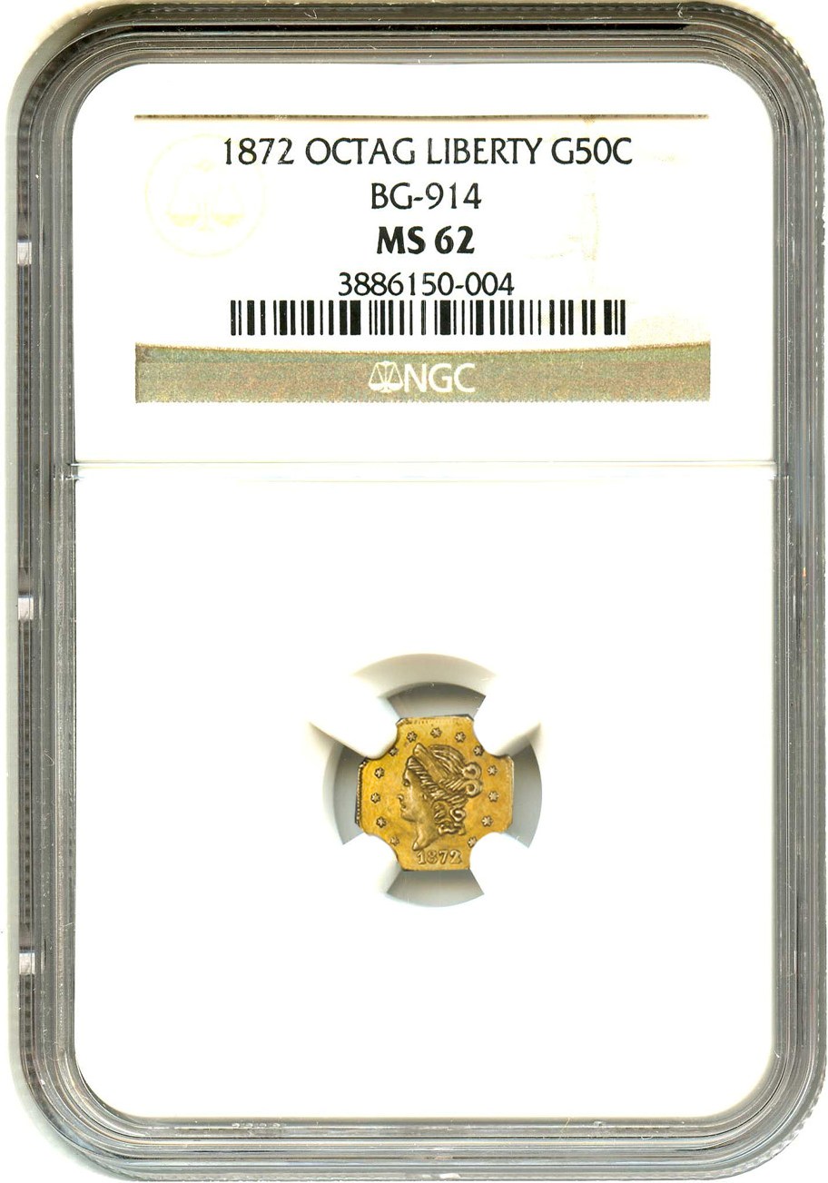 image for: California Fractional Gold: 1872 50c NGC MS62 (Octagonal Liberty, BG-914)