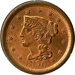 image for: 1850 1c PCGS MS65 RD (OGH Rattler Holder)