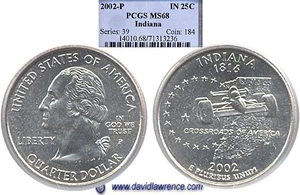 image for: 2002-P 25c Indiana PCGS MS68