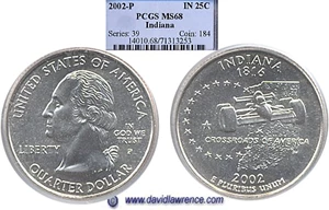 image for: 2002-P 25c Indiana PCGS MS68