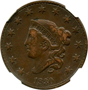 image for: 1830 1c NGC VF25 BN (Large Letters)